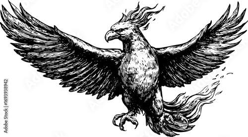 Phoenix bird with outstretched wings and flaming tail in fantasy style. Vintage black and white vector illustration.