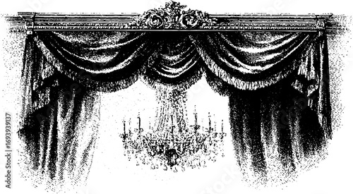 Curtain and chandelier with ornate stage decor. Vintage black and white vector illustration with classic and historic details.