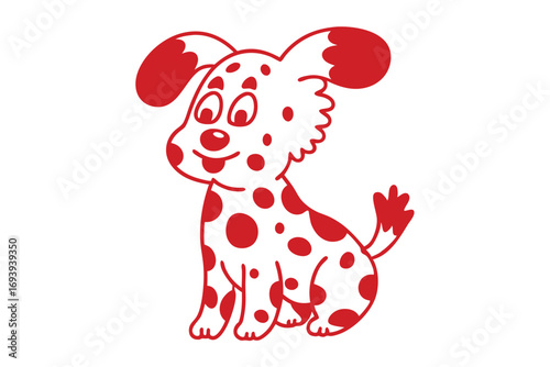 Adorable spotted puppy with floppy ears sits patiently in a sweet cartoon style