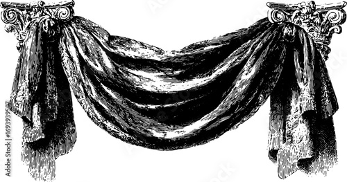 Curtain drape between classical columns with vintage architectural detail. Black and white vector illustration with ornate texture.