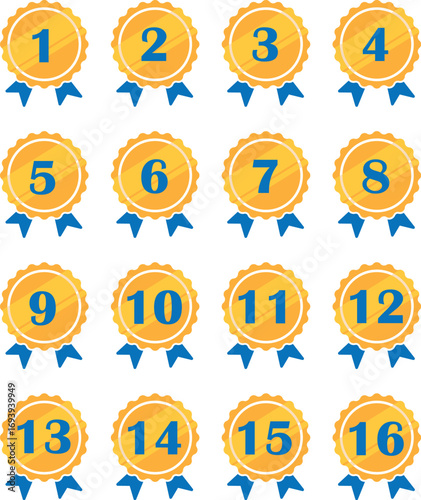 Sixteen gold medals, numbered 1 through 16, each adorned with a blue ribbon, arranged in a grid pattern.