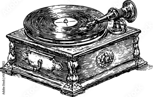 Gramophone player with vinyl record in vintage style. Antique black and white vector illustration.