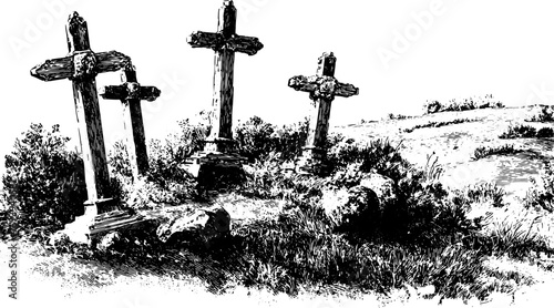 Cross grave markers in a rustic cemetery landscape set with grass, stone, and wood. Monochrome handdrawn engraving vector illustration with vintage details.