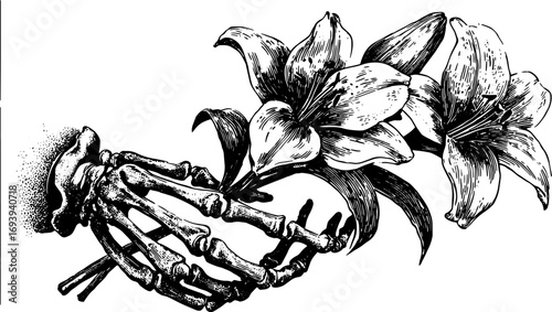 Skeleton hand holding lilies in a detailed black and white ink sketch. Vector floral illustration with anatomical and botanical elements.