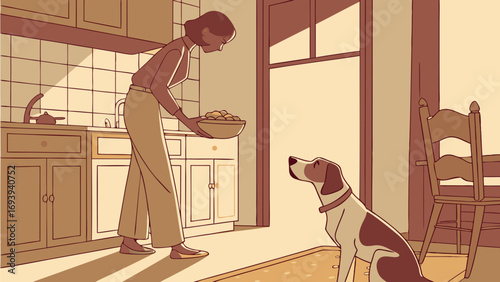 Woman Holding Food Bowl for Eager Dog in a Warm, Illustrated Kitchen Scene with Sunlight