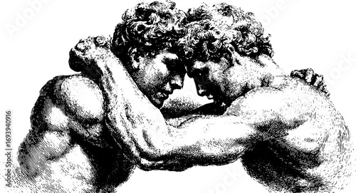 Two men wrestling, shown in a detailed monochrome style. Classic etching with emphasis on muscle and body. Vintage vector illustration.