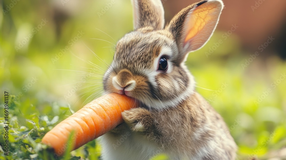Fototapeta premium Rabbit eating carrot outdoors