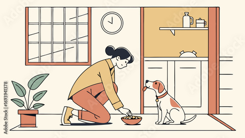 Woman Feeding Her Dog at Home: Daily Pet Care Routine with a Loyal Companion in a Modern Minimalist Flat Design Illustration