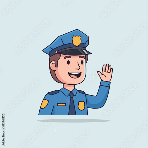 Cartoon illustration of a smiling police officer wearing a blue uniform and hat, waving his hand in a friendly greeting.