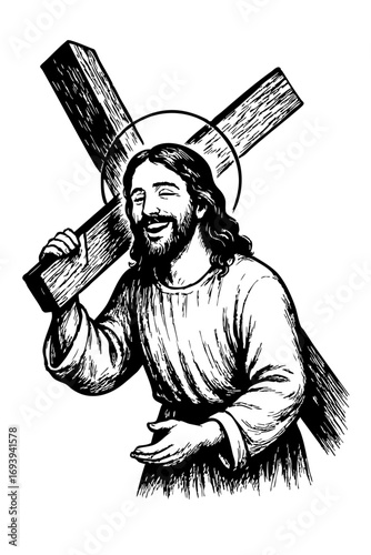 Illustration of Jesus smiling while carrying the cross
