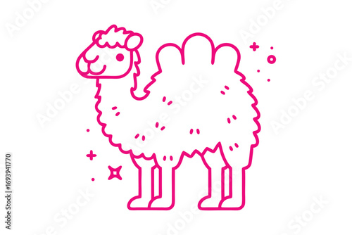 Cartoon camel, drawn with clean outlines, standing against a solid white surface makes it easily editable