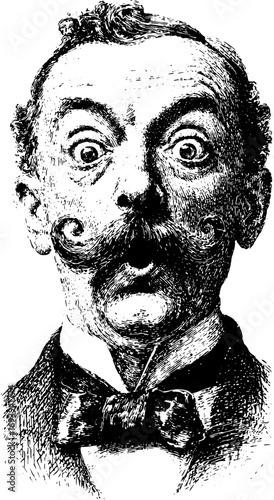 Man with mustache and shocked expression in vintage style. Detailed sketch vector illustration of gentleman portrait.