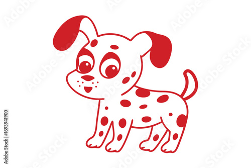 Cartoon Dalmatian puppy poses happily with red spots outlined against a white backdrop