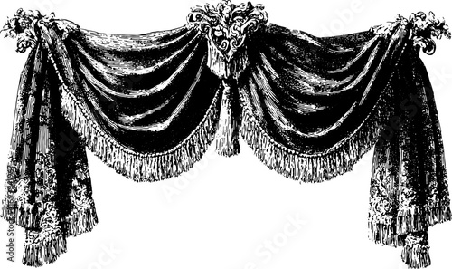 Ornate vintage curtain with tassels and fabric drapes in black and white. Vector illustration with engraved detail for classic interior or stage decor.