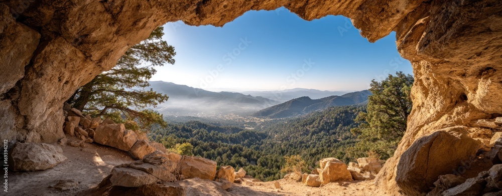Fototapeta premium A cave opening reveals a scenic view of a valley, mountains, and a clear blue sky. Nature's frame for a tranquil vista