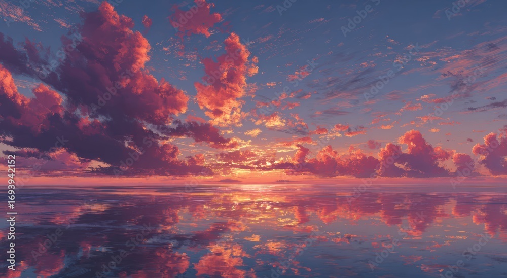 Naklejka premium A vibrant sunset glows over calm ocean waters, with dramatic clouds painting the evening sky.