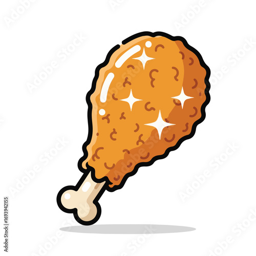 Cartoon illustration of a crispy, golden-brown fried chicken drumstick with sparkling highlights, isolated on a white background.