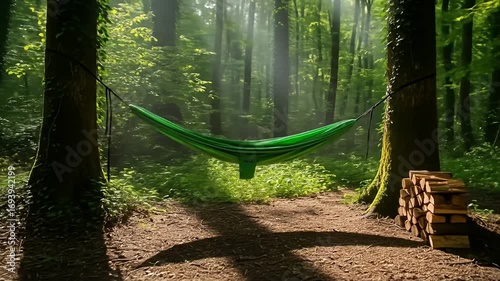 Serene forest view, green hammock hangs between tall trees, beside stacked firewood