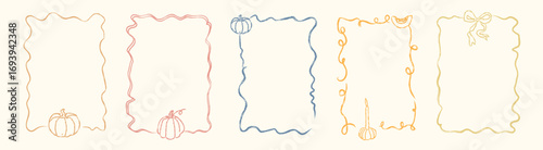 Whimsical hand drawn autumn frames with pumpkins, candle and ribbon bow. Concept of cozy harvest border for thanksgiving, halloween, greeting card, family dinner, rustic festive design. Vector.