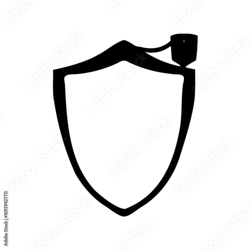 A bold black vector illustration of a shield with attached object