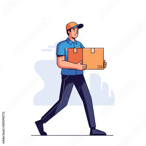 A delivery man wearing a cap and uniform is walking while carrying two cardboard boxes.