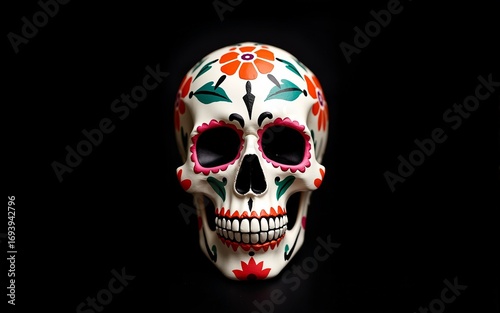 Typical Mexican skull painted isolated on black background. Panorama view. Dia de los muertos. High quality