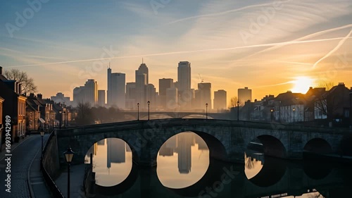 A cityscape with a stone bridge in foreground, reflected in still water at golden hour