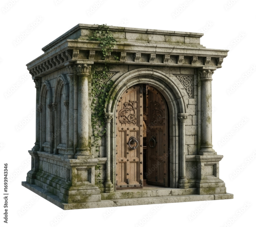 Obraz premium An Ornate Medieval Stone Crypt with Wooden Door Isolated