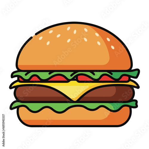 Illustration of a classic hamburger with a sesame seed bun, beef patty, cheese, lettuce, and tomato.