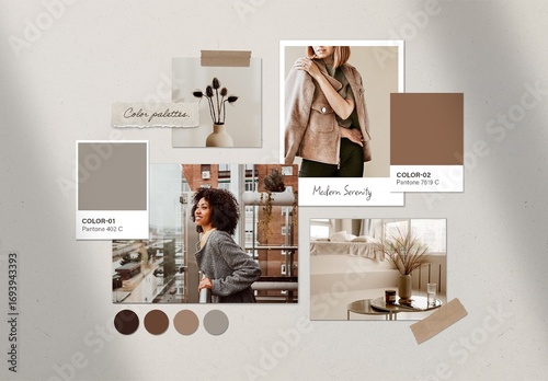 Instant Photo Mood Board Collage Mockup Template with Color Palette & Sticky Tape Elements