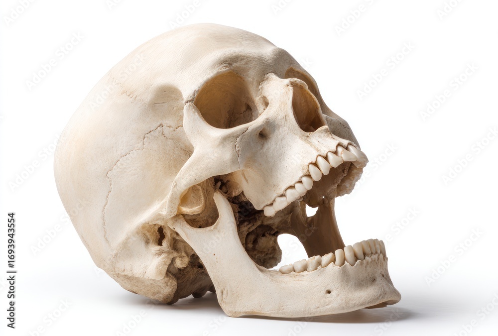 Fototapeta premium Isolated skull with open jaw. Bone texture is visible, lying on white background, casting shadow