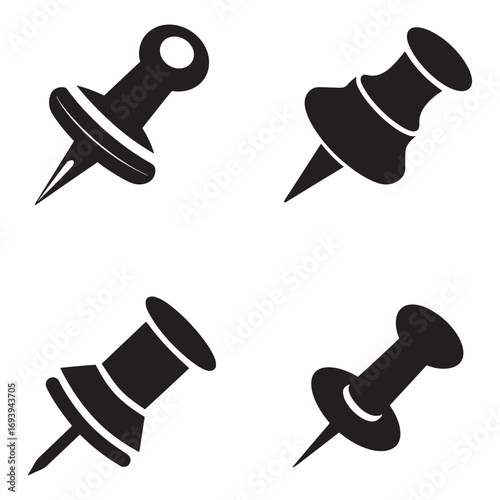 Four black silhouette push pins or thumbtacks isolated on white background