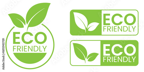 Set of eco friendly green labels and badges featuring leaves and organic design elements