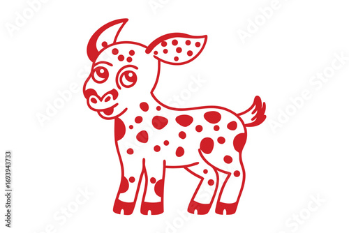 Cartoon goat smiling with prominent red spots all over on a white background