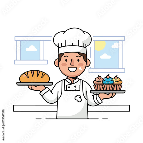 Smiling baker holding a loaf of bread on one tray and a tray of colorful cupcakes on the other.