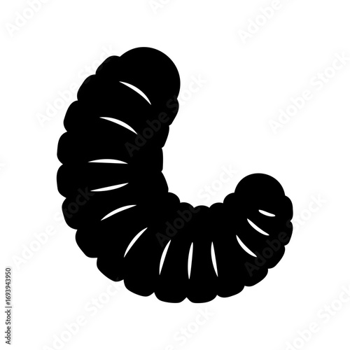 Silhouette of a grub or caterpillar with segmented body and white markings