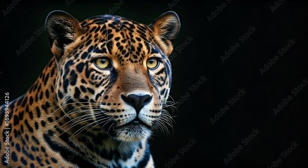 Obraz premium Close-up of a tiger against a black background, Masai Mara, Kenya, highlighting her regal expression and golden fur