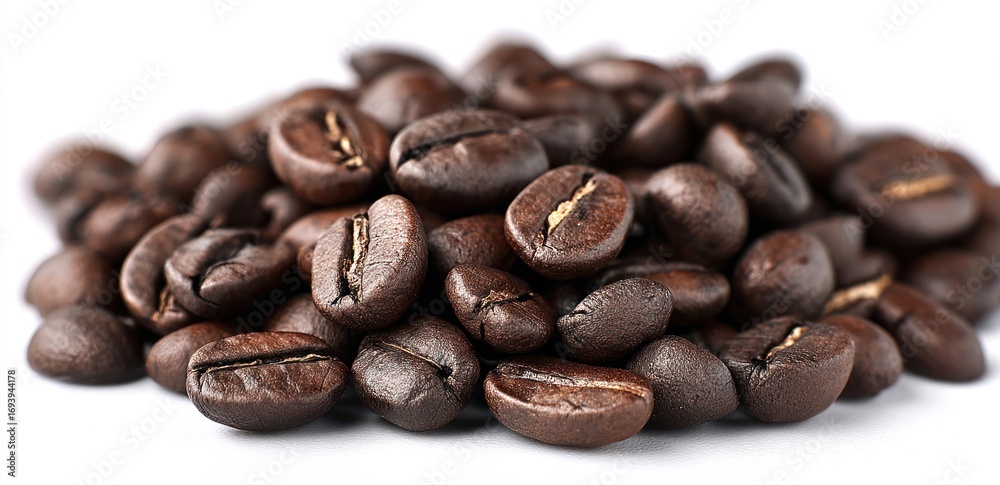 Fototapeta premium A pile of freshly roasted coffee beans, brown and aromatic, set against a clean, white backdrop