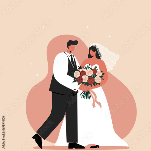 Newlywed couple in elegant wedding attire, with the bride holding a beautiful floral bouquet. Captures the joy and celebration of marriage, ideal for wedding planning or romantic concepts.
