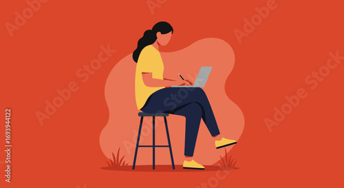Focused woman working remotely on her laptop with a pen, embodying productivity and modern digital lifestyle. Ideal for business, education, or freelance themes.