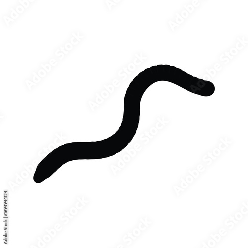 Black silhouette of a wriggling earthworm on a stark white background