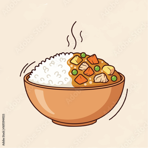 A bowl of steaming Japanese curry rice, featuring visible chunks of carrots, potatoes, peas, and meat.