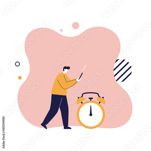 Modern man focused on his smartphone next to a large alarm clock, symbolizing time management, productivity, and digital communication for business and lifestyle.