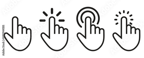Set of four hand cursor icons representing different click actions and user interface interactions
