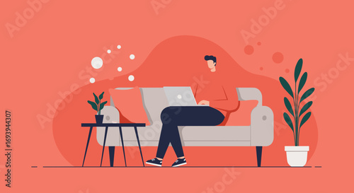 Man working on a laptop from his comfortable sofa at home, illustrating remote work, online learning, and a modern relaxed lifestyle. Ideal for business and technology themes.