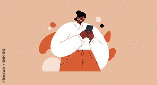 Modern illustration of a woman using a smartphone, depicting digital communication, connectivity, and online activity for business or lifestyle content.