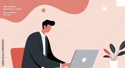 Professional man focused on his laptop in a contemporary workspace. Illustrates remote work, business productivity, digital communication, and online education.