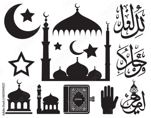 Islamic symbols and calligraphy collection featuring mosques stars crescent moon and holy book