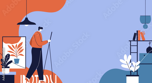 A person creatively engaged in painting at an easel in a modern, stylish home studio. Represents hobbies, art, and personal development in a relaxed setting.