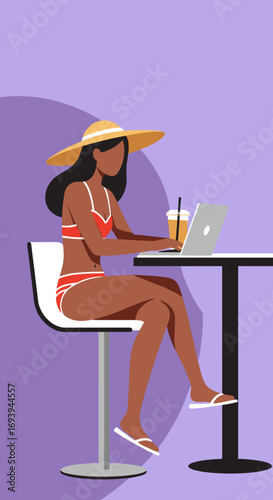 Woman in a bikini and hat works remotely on her laptop at a high table, enjoying a relaxed summer or vacation while staying productive. Ideal for digital nomad and modern lifestyle concepts.